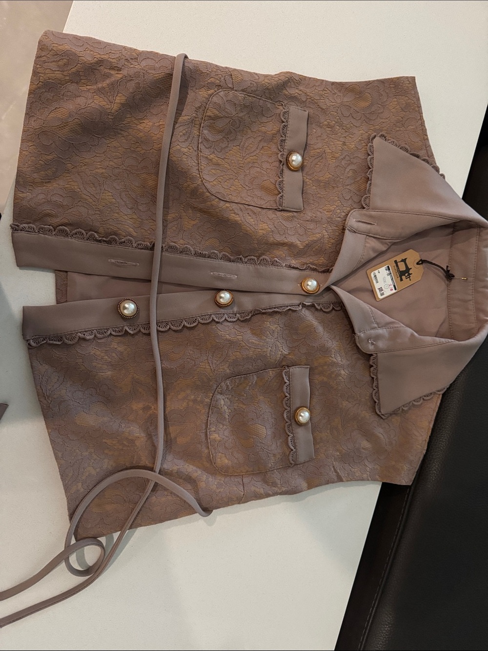 Brown Lace-Texture Women's Jacket with Pearl Buttons